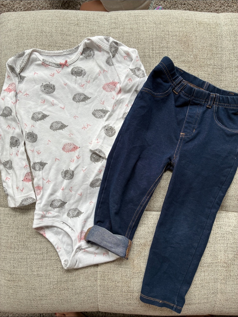 Carter's White Pink Gray Hedgehog Bodysuit with Navy Leggings